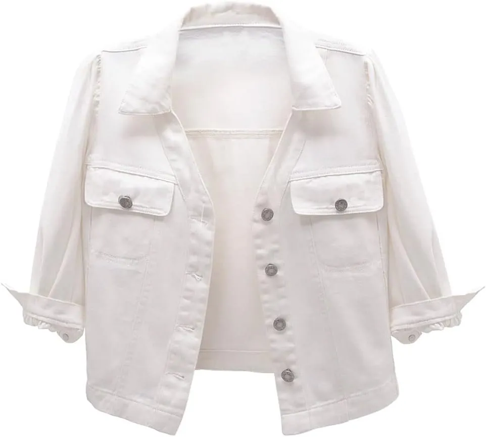 Women's Cropped Denim Jacket Puff Short Sleeve Sweet Button Down Denim Jean Jacket