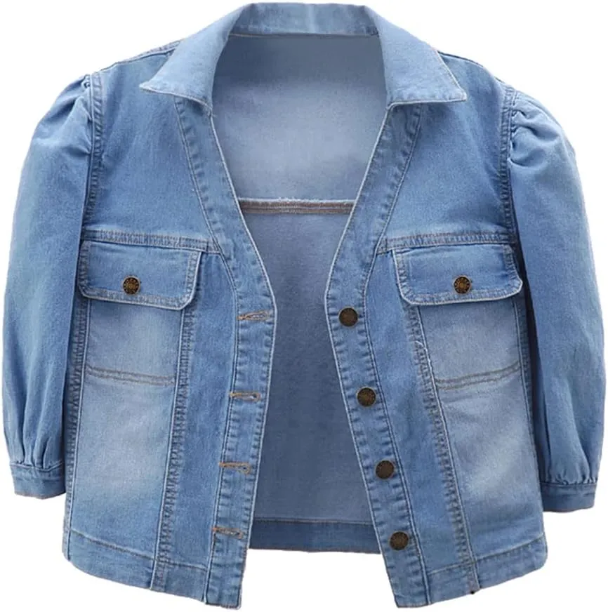 Women's Cropped Denim Jacket Puff Short Sleeve Sweet Button Down Denim Jean Jacket
