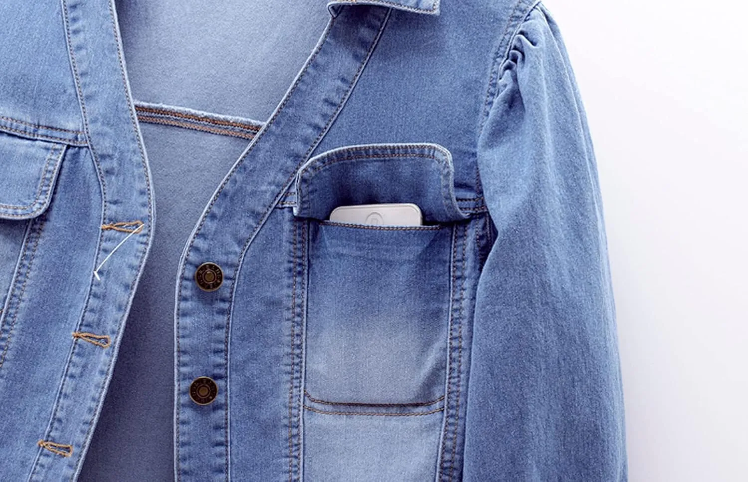 Women's Cropped Denim Jacket Puff Short Sleeve Sweet Button Down Denim Jean Jacket
