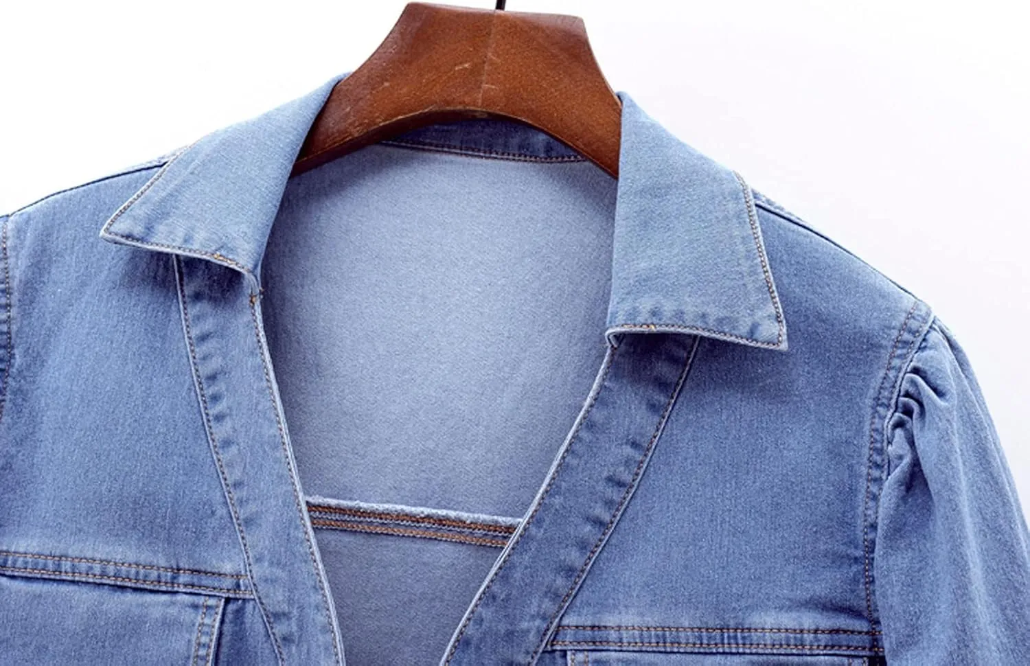 Women's Cropped Denim Jacket Puff Short Sleeve Sweet Button Down Denim Jean Jacket