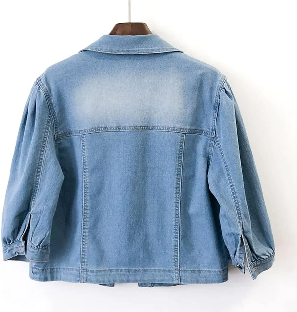 Women's Cropped Denim Jacket Puff Short Sleeve Sweet Button Down Denim Jean Jacket