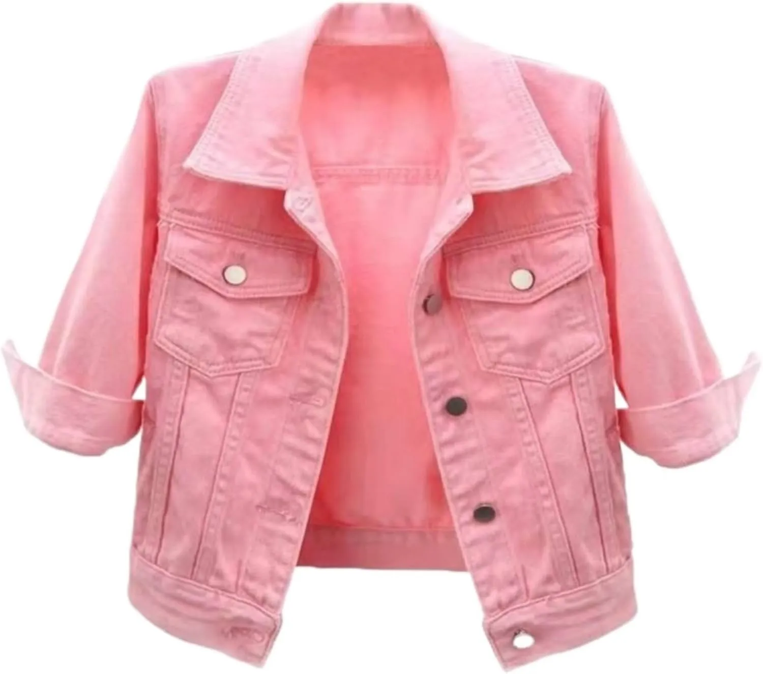 Women's Denim Jacket 2024 Fall Casual 3/4 Sleeve Denim Jacket Plus Size Basic Lapel Button Cropped Jacket