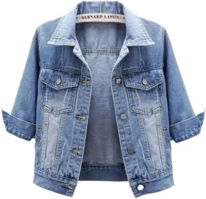Women's Denim Jacket 2024 Fall Casual 3/4 Sleeve Denim Jacket Plus Size Basic Lapel Button Cropped Jacket