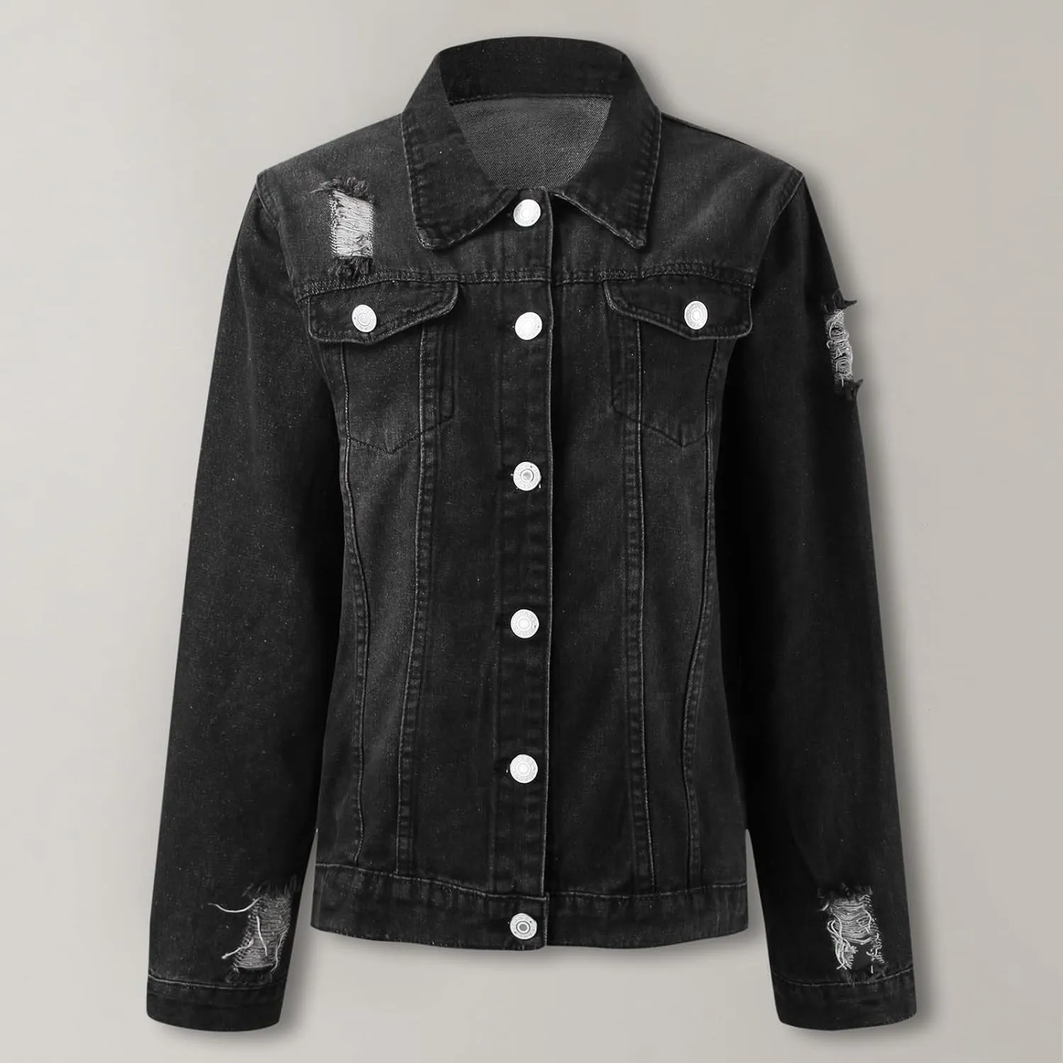 Womens Denim Jackets 2024 Trendy Button Up Shacket Fall Spring Long Sleeve Jean Coats with Pockets Fashion Denim Coat
