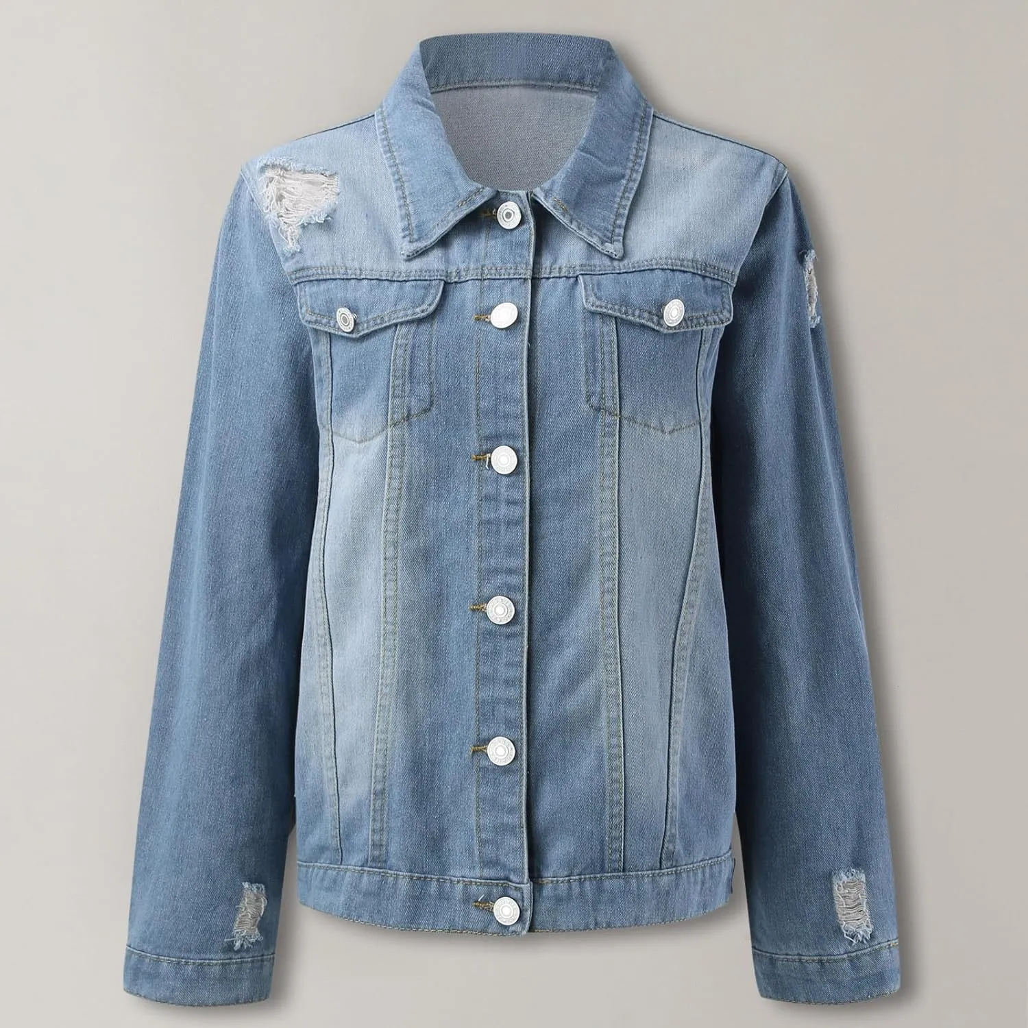 Womens Denim Jackets 2024 Trendy Button Up Shacket Fall Spring Long Sleeve Jean Coats with Pockets Fashion Denim Coat