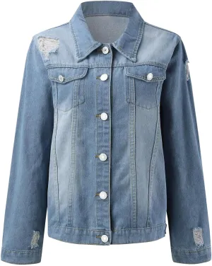 Womens Denim Jackets 2024 Trendy Button Up Shacket Fall Spring Long Sleeve Jean Coats with Pockets Fashion Denim Coat