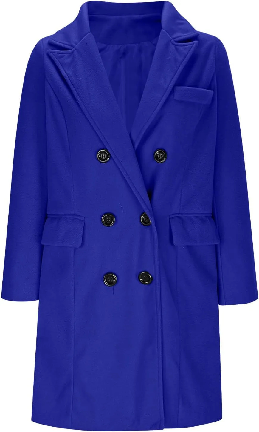 Womens Double Breasted Coats Lapel Collar Pea Coat Winter Slim Fit Jackets Trench Coat Outwear Winter Warm Overcoats