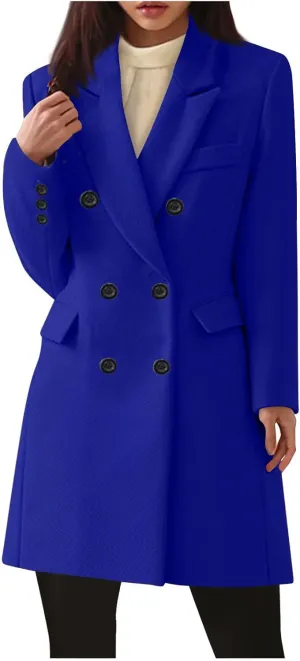 Womens Double Breasted Coats Lapel Collar Pea Coat Winter Slim Fit Jackets Trench Coat Outwear Winter Warm Overcoats