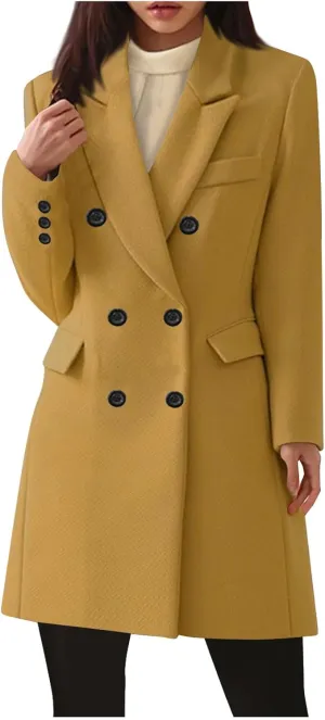 Womens Double Breasted Coats Lapel Collar Pea Coat Winter Slim Fit Jackets Trench Coat Outwear Winter Warm Overcoats