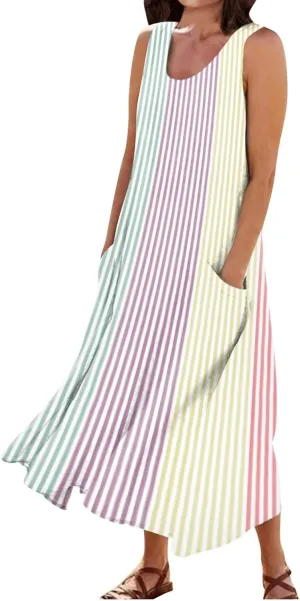 Womens Dresses Simple Casual Solid Color Sleeveless Dresses Cozy Cotton Dresses Summer Gradient Printed Long Dresses