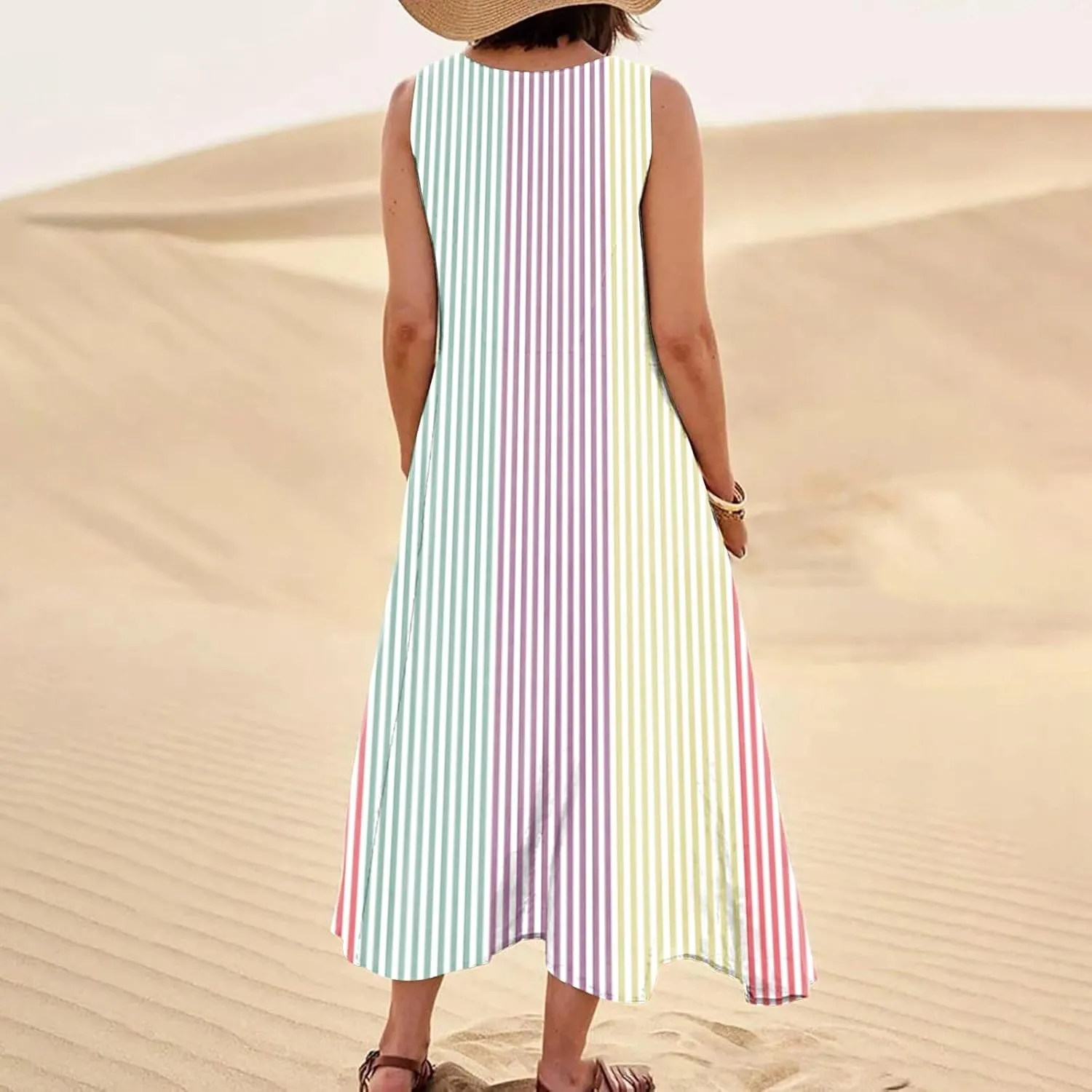 Womens Dresses Simple Casual Solid Color Sleeveless Dresses Cozy Cotton Dresses Summer Gradient Printed Long Dresses