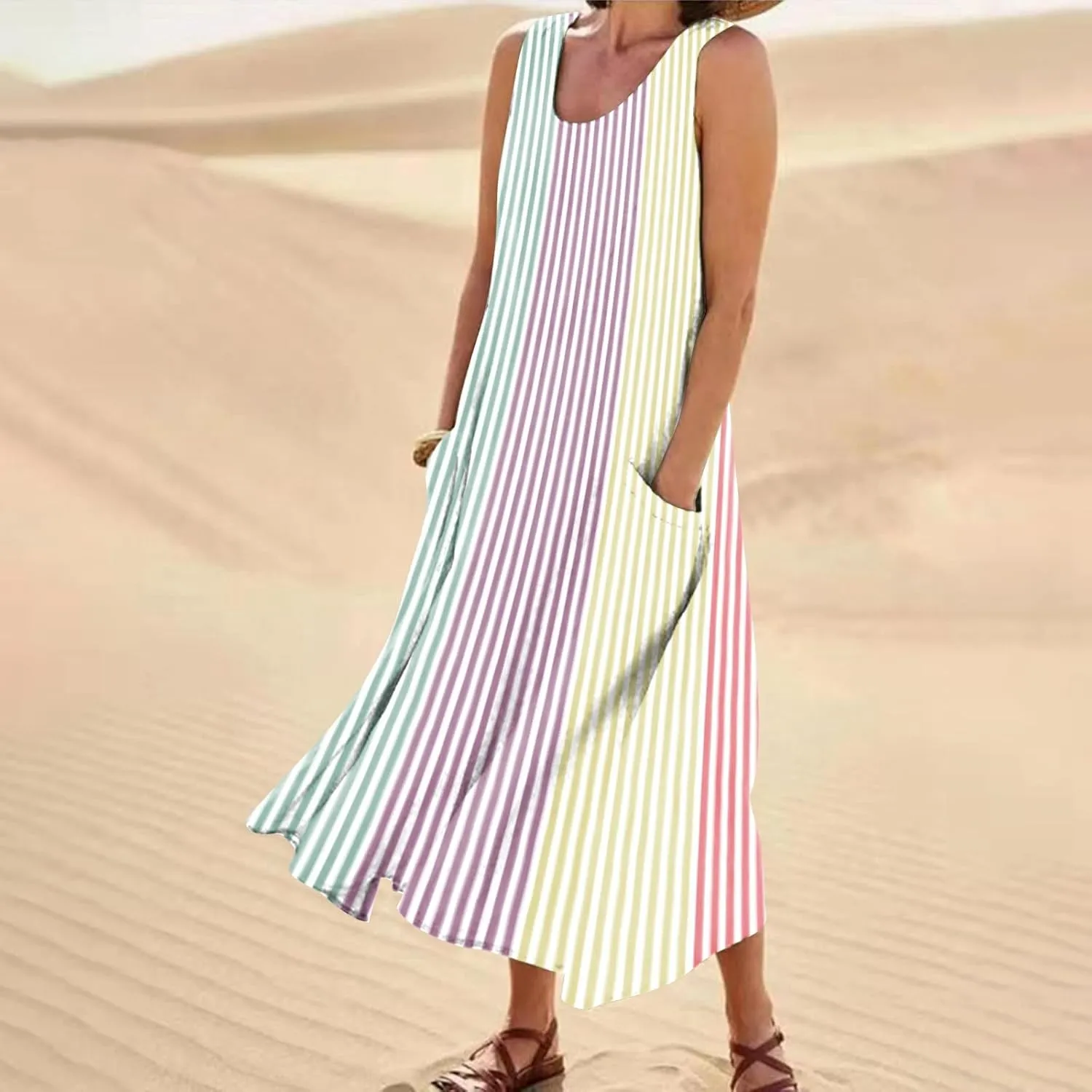 Womens Dresses Simple Casual Solid Color Sleeveless Dresses Cozy Cotton Dresses Summer Gradient Printed Long Dresses