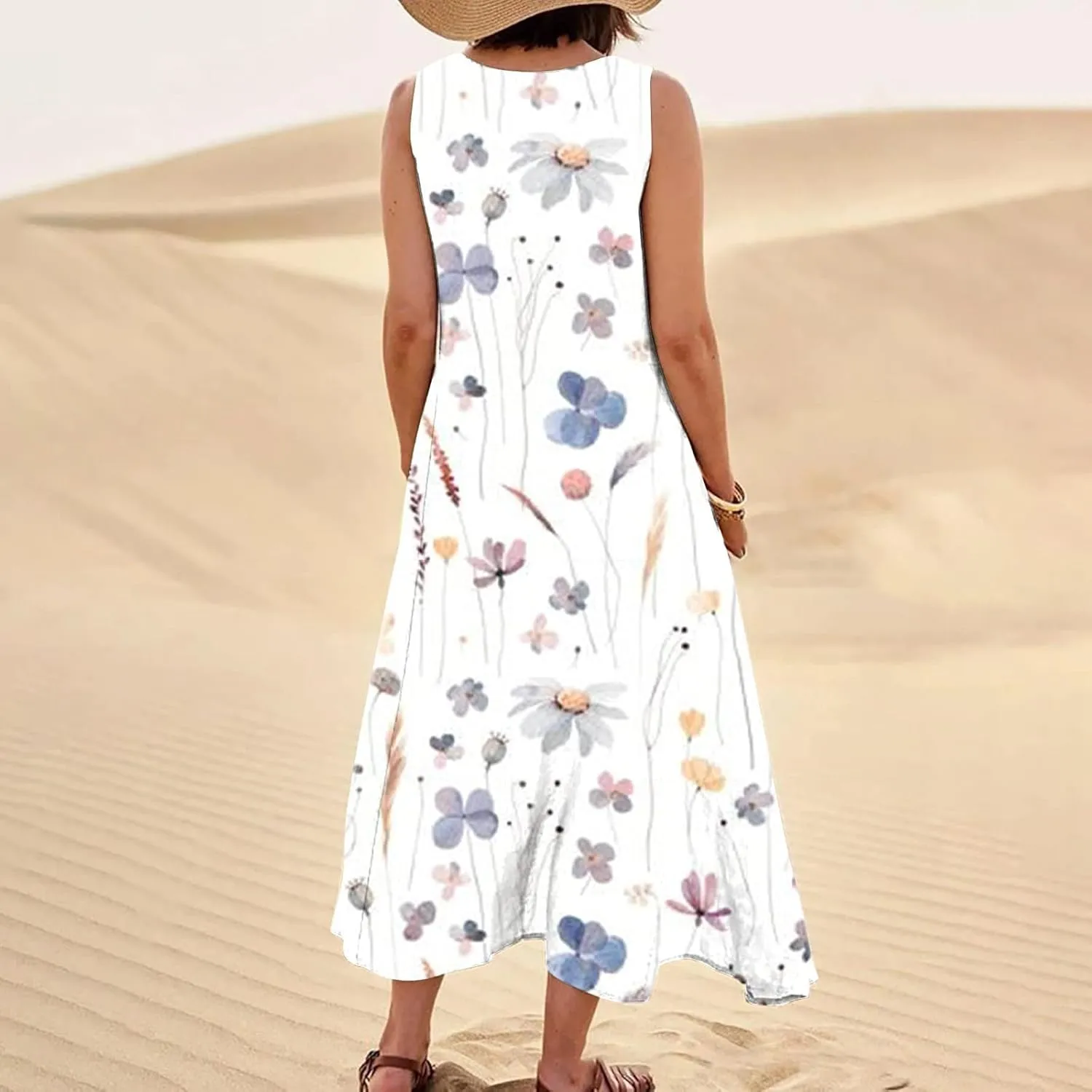 Womens Dresses Simple Casual Solid Color Sleeveless Dresses Cozy Cotton Dresses Summer Gradient Printed Long Dresses
