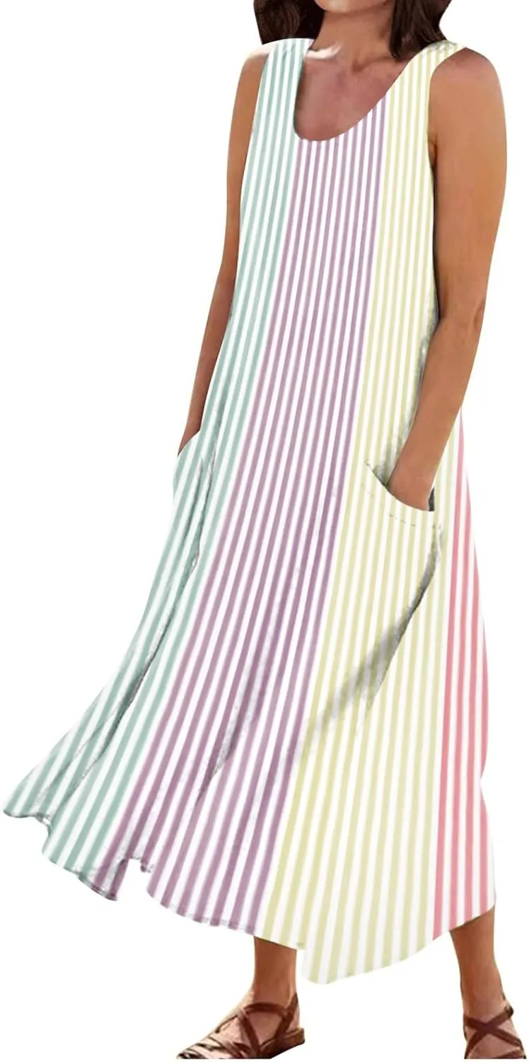 Womens Dresses Simple Casual Solid Color Sleeveless Dresses Cozy Cotton Dresses Summer Gradient Printed Long Dresses