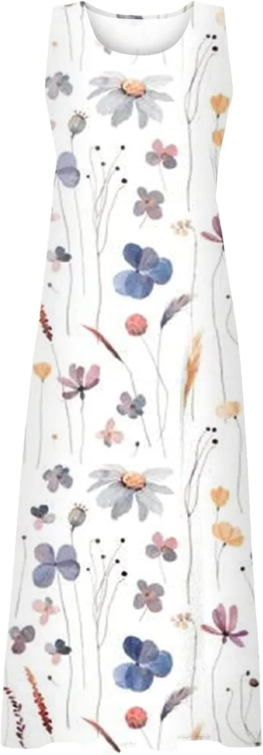 Womens Dresses Simple Casual Solid Color Sleeveless Dresses Cozy Cotton Dresses Summer Gradient Printed Long Dresses