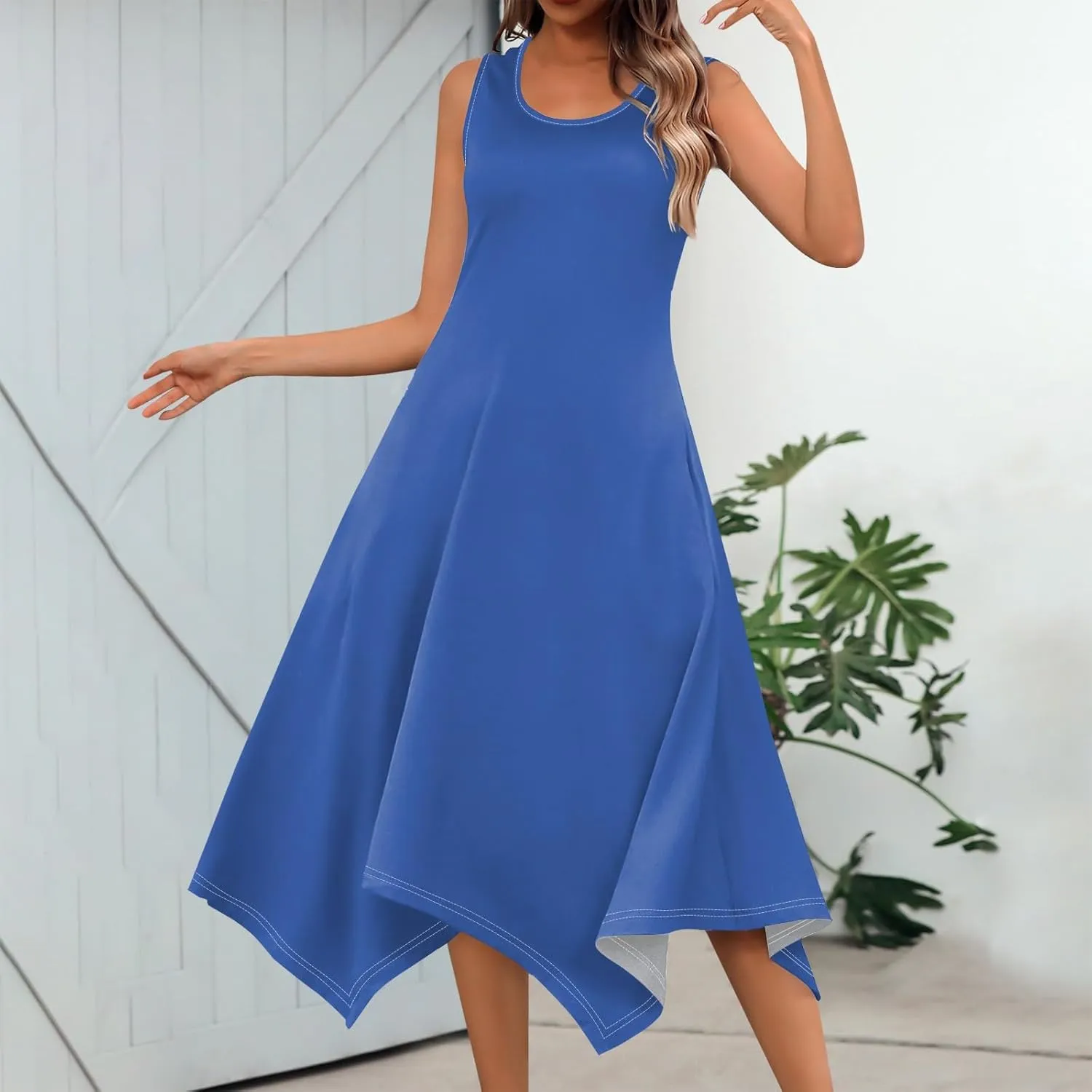 Womens Dresses Simple Casual Solid Color Sleeveless Dresses Cozy Cotton Dresses Summer Gradient Printed Long Dresses