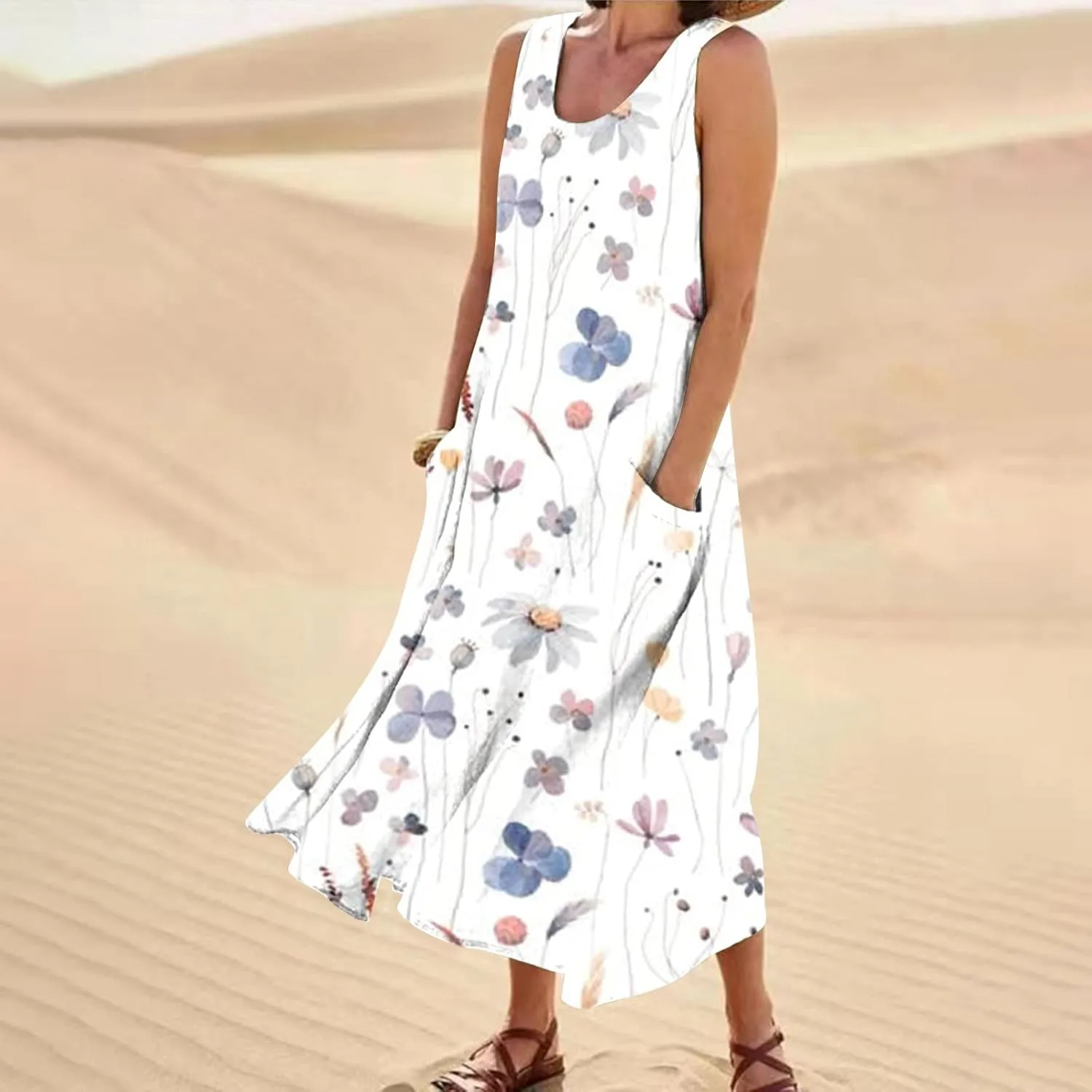 Womens Dresses Simple Casual Solid Color Sleeveless Dresses Cozy Cotton Dresses Summer Gradient Printed Long Dresses