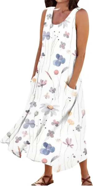 Womens Dresses Simple Casual Solid Color Sleeveless Dresses Cozy Cotton Dresses Summer Gradient Printed Long Dresses