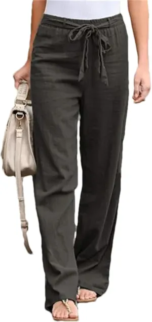 Women's Elastic Waist Cotton Linen Lace-Up Loose Thin Casual Vacation Pants