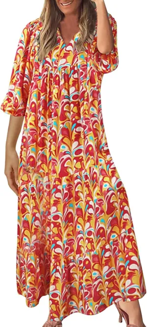 Womens Fall Dresses Casual Lantern Sleeve Bohemian Floral Maxi Dress Elegant Flowy Swing Boho Beach Vacation Dresses