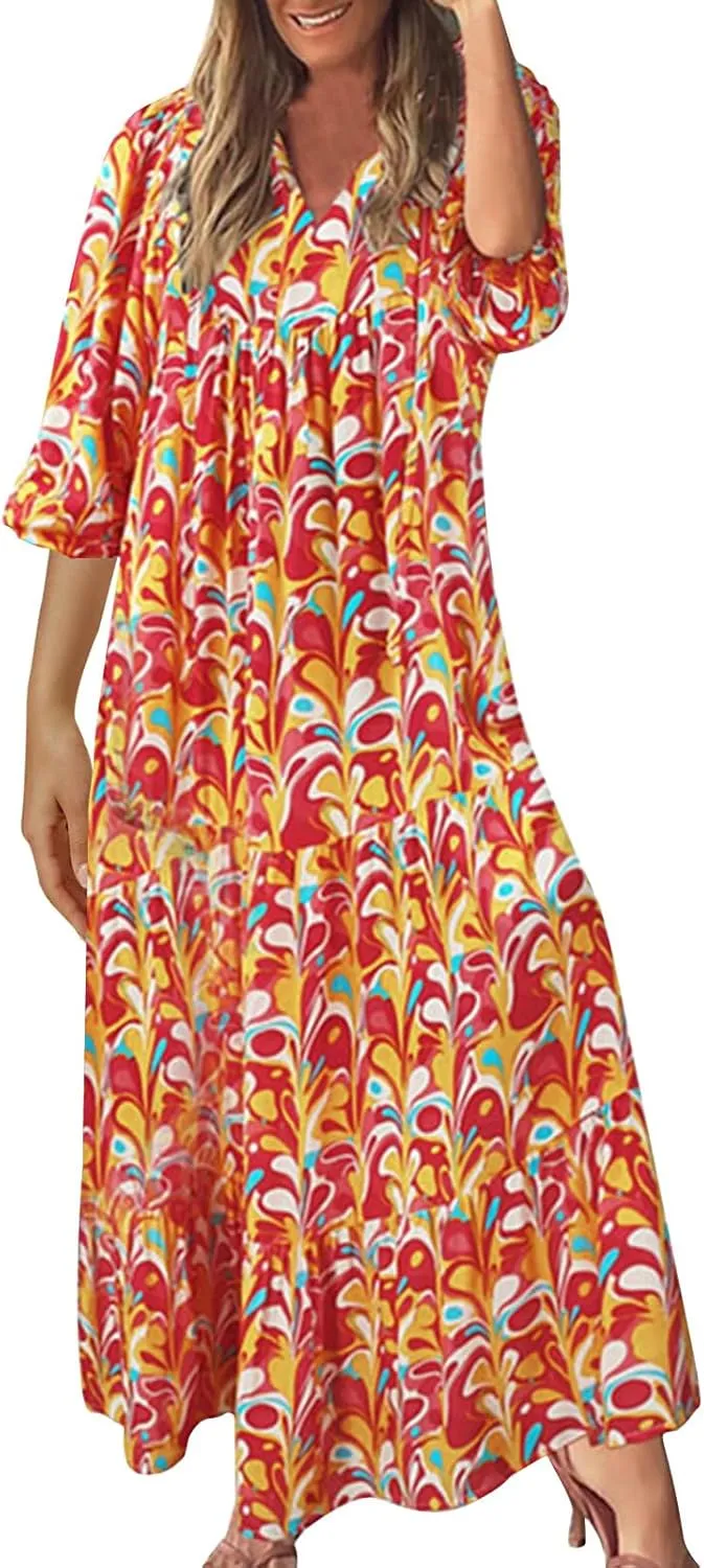 Womens Fall Dresses Casual Lantern Sleeve Bohemian Floral Maxi Dress Elegant Flowy Swing Boho Beach Vacation Dresses