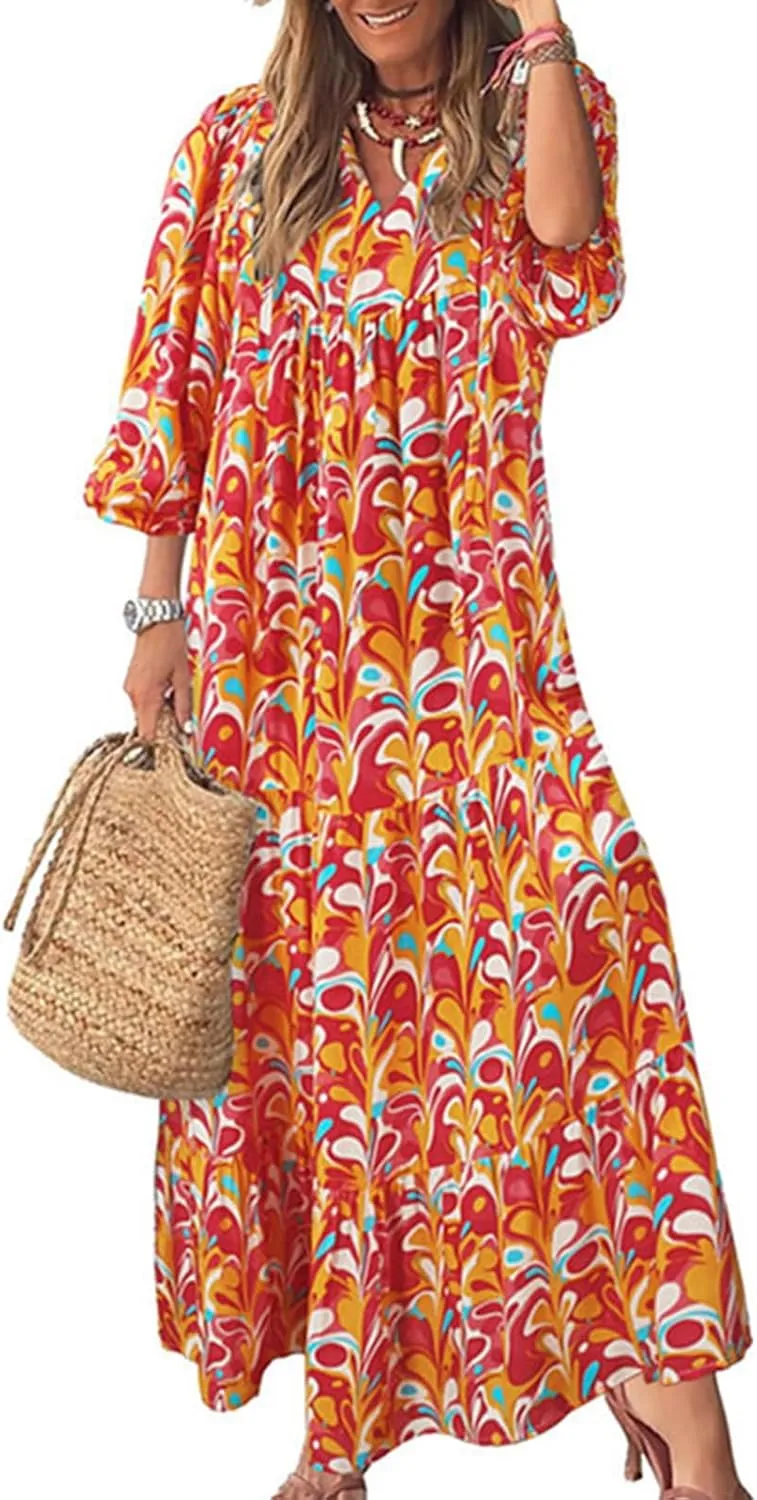 Womens Fall Dresses Casual Lantern Sleeve Bohemian Floral Maxi Dress Elegant Flowy Swing Boho Beach Vacation Dresses