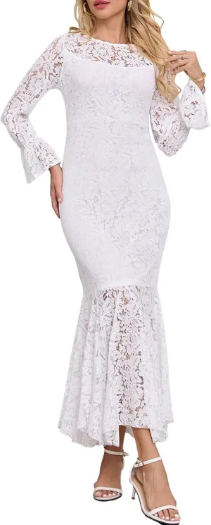 Women's Fall Winter Long Sleeve Floral Lace Mermaid Maxi Dress Elegant Wedding Guest Party Long Dresses Formal Evening Gowns
