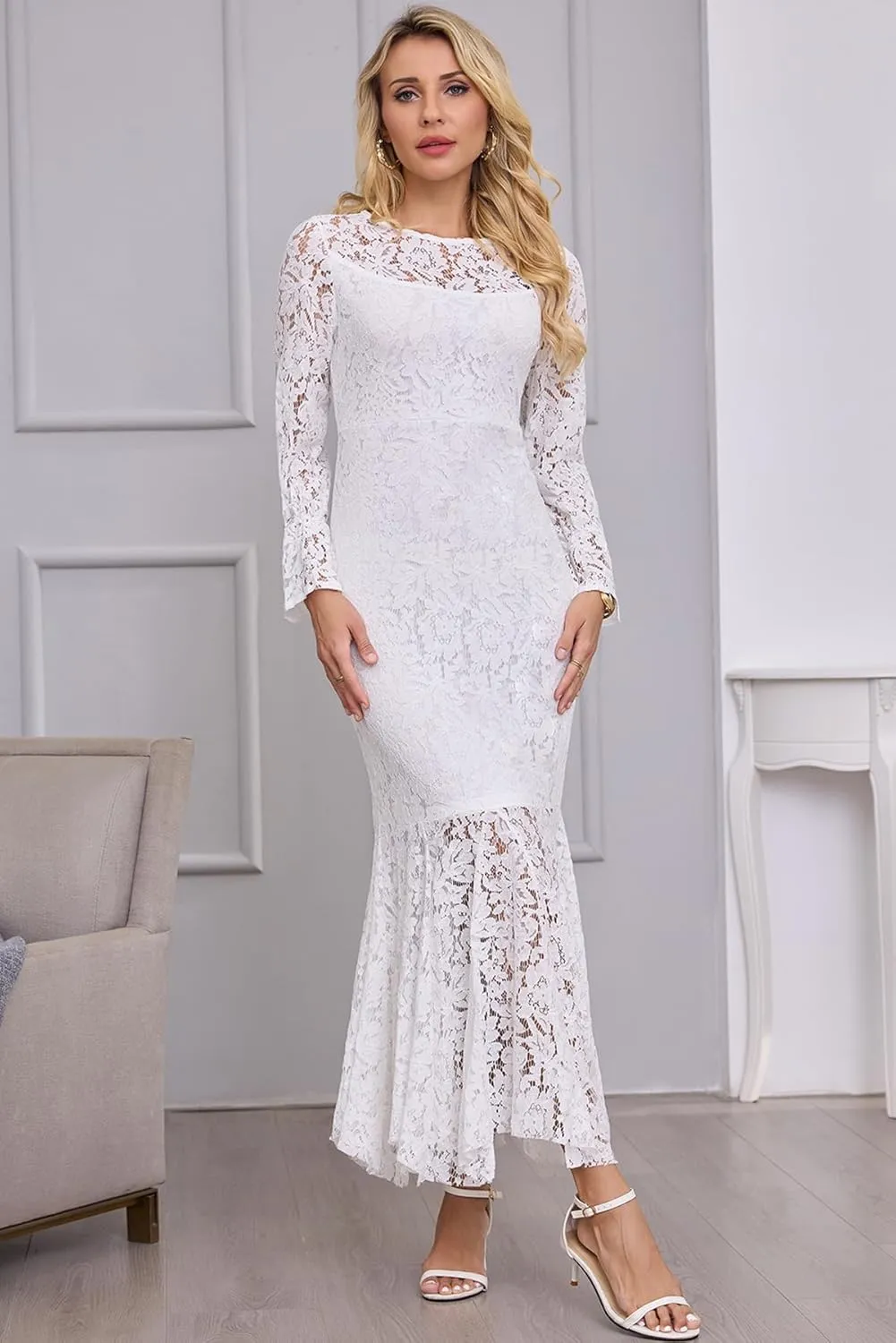 Women's Fall Winter Long Sleeve Floral Lace Mermaid Maxi Dress Elegant Wedding Guest Party Long Dresses Formal Evening Gowns