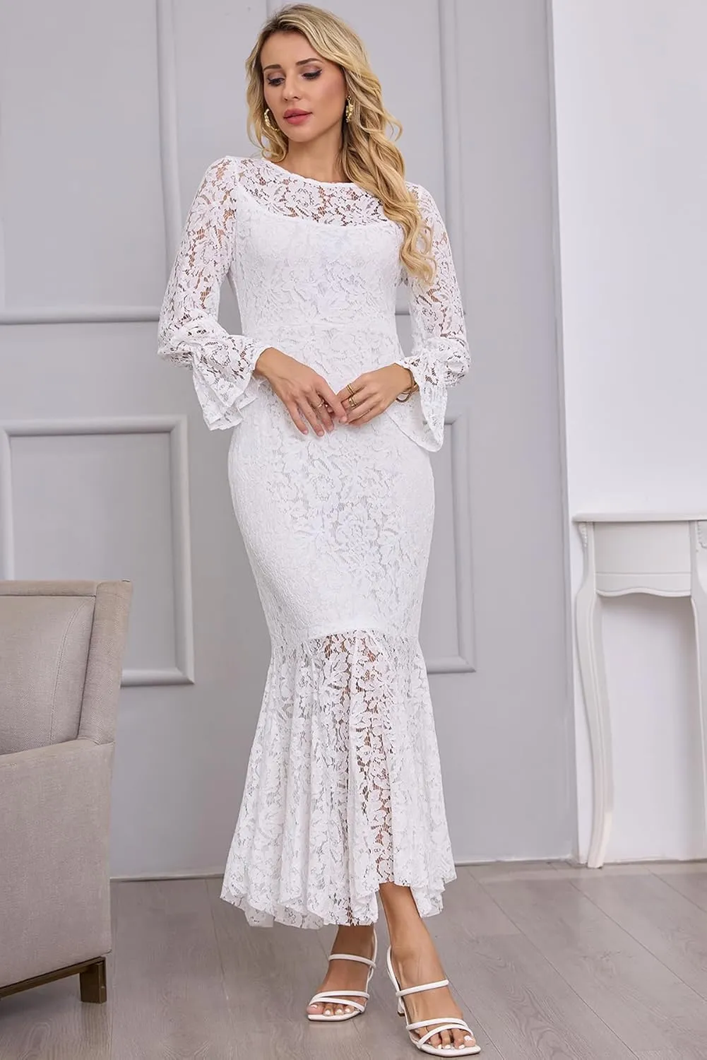 Women's Fall Winter Long Sleeve Floral Lace Mermaid Maxi Dress Elegant Wedding Guest Party Long Dresses Formal Evening Gowns