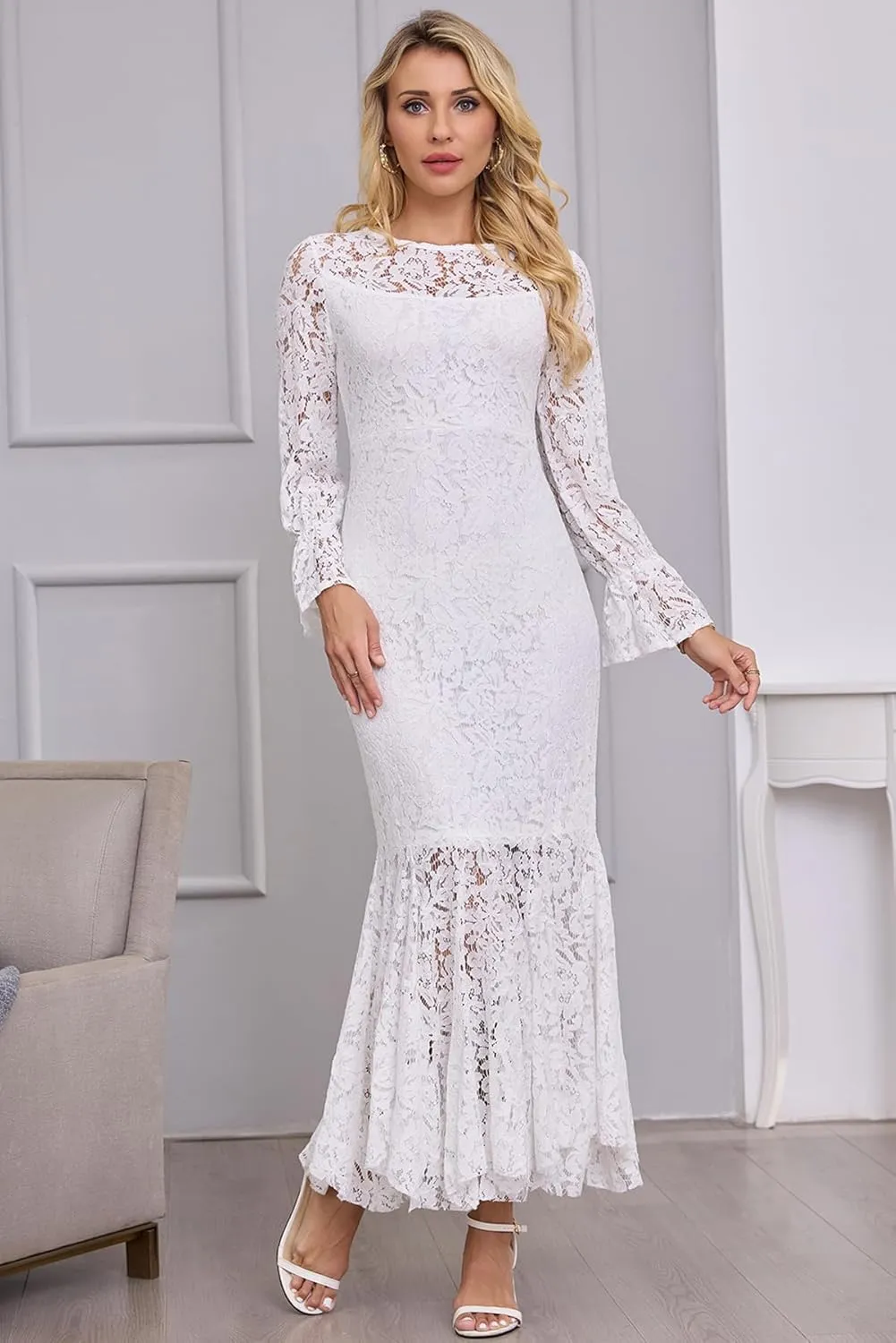 Women's Fall Winter Long Sleeve Floral Lace Mermaid Maxi Dress Elegant Wedding Guest Party Long Dresses Formal Evening Gowns