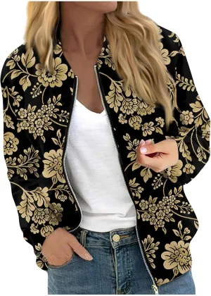 Womens Fashion Jacket Lightweight Print Bomber Jackets Casual Vacation Zip Up Coat Outdoor Windbreaker Tops