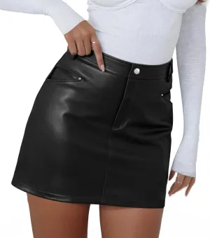 Women's Faux Leather Skirt High Waisted Trendy Bodycon Mini Pencil Skirts with Shorts