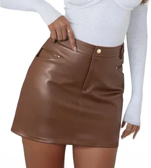 Women's Faux Leather Skirt High Waisted Trendy Bodycon Mini Pencil Skirts with Shorts