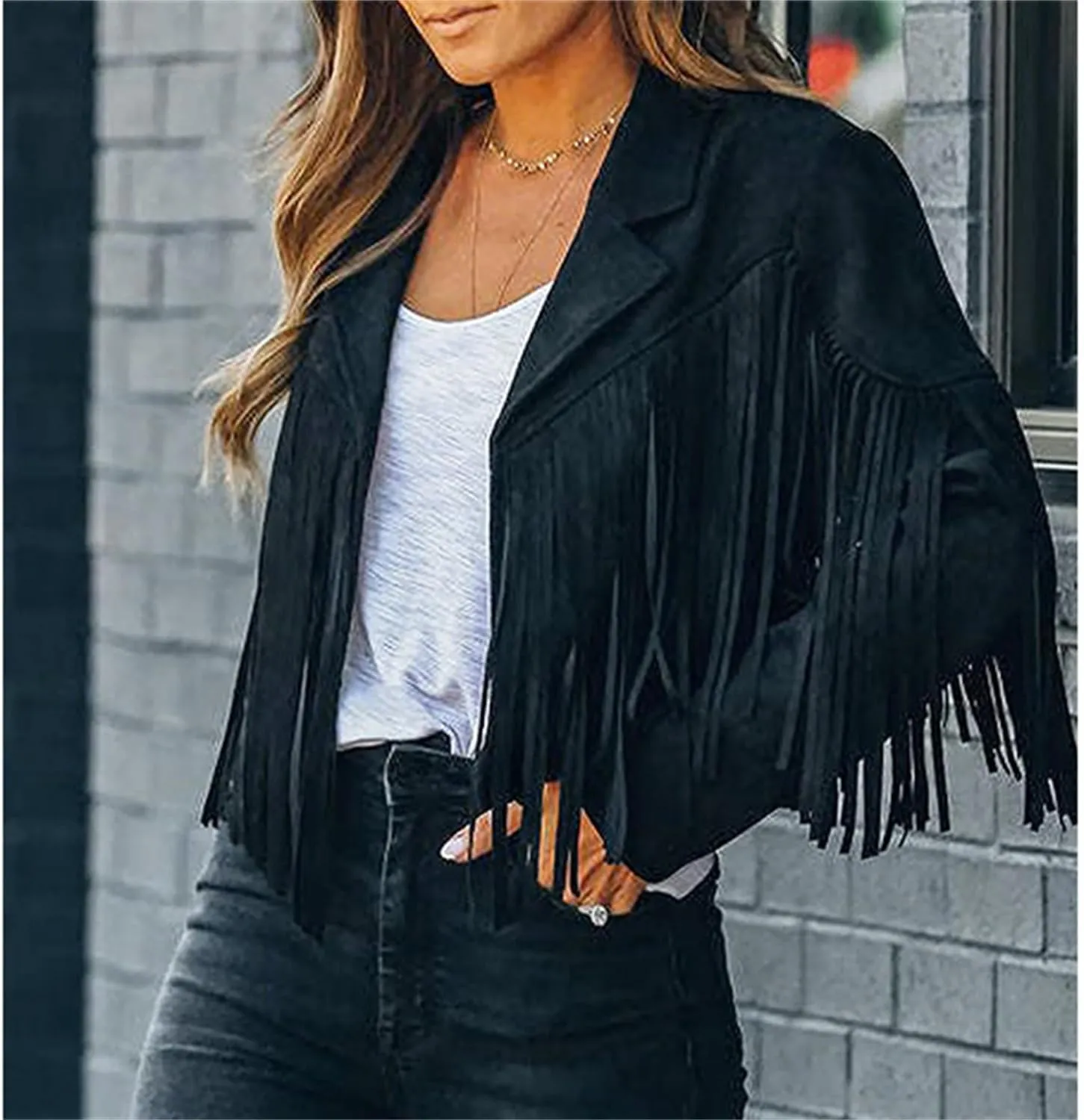 Women's Faux Suede Leather Tassel Coat Lapel Long Sleeve Motorcycle Cropped Coats Tight Jacket