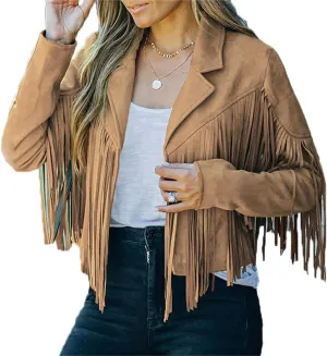 Women's Faux Suede Leather Tassel Coat Lapel Long Sleeve Motorcycle Cropped Coats Tight Jacket
