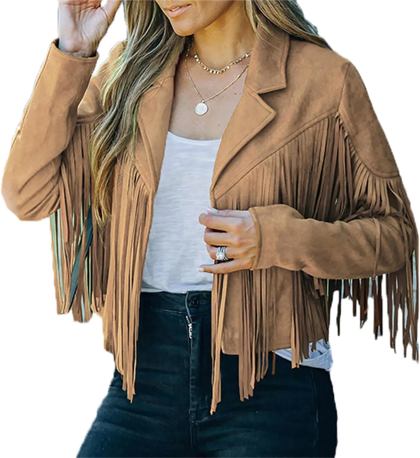 Women's Faux Suede Leather Tassel Coat Lapel Long Sleeve Motorcycle Cropped Coats Tight Jacket