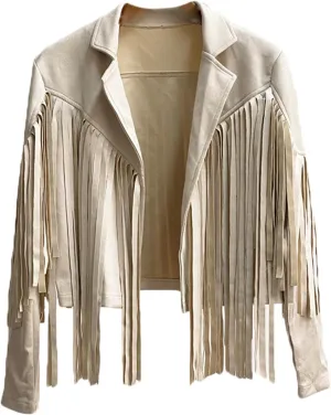 Women's Faux Suede Leather Tassel Coat Lapel Long Sleeve Motorcycle Cropped Coats Tight Jacket