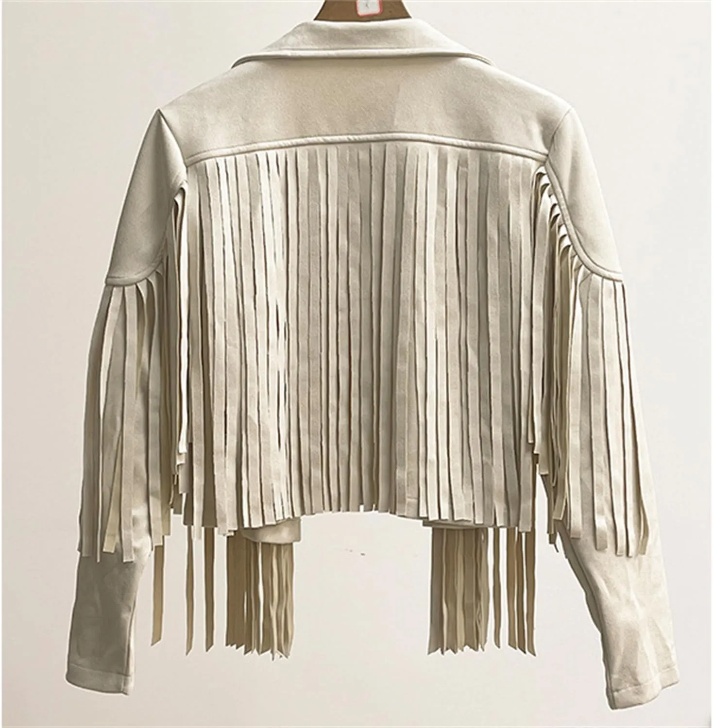 Women's Faux Suede Leather Tassel Coat Lapel Long Sleeve Motorcycle Cropped Coats Tight Jacket