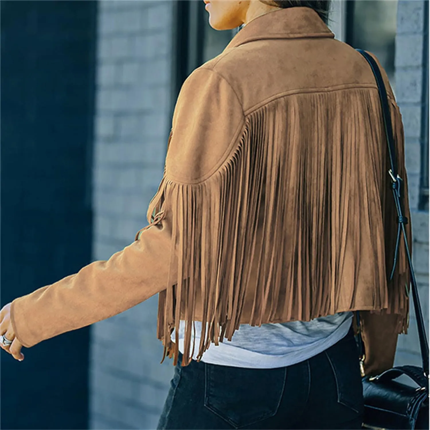 Women's Faux Suede Leather Tassel Coat Lapel Long Sleeve Motorcycle Cropped Coats Tight Jacket