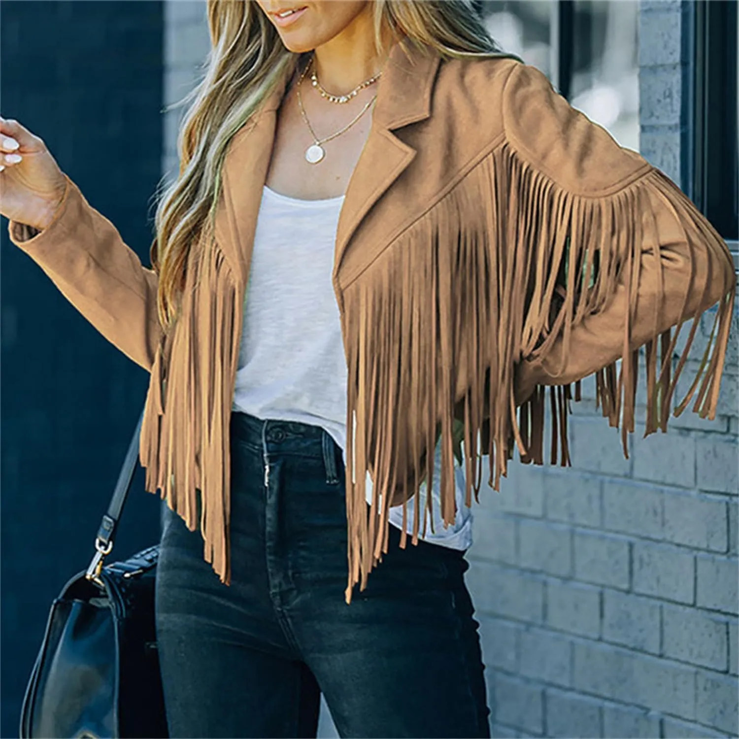 Women's Faux Suede Leather Tassel Coat Lapel Long Sleeve Motorcycle Cropped Coats Tight Jacket