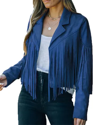 Women's Faux Suede Leather Tassel Coat Lapel Long Sleeve Motorcycle Cropped Coats Tight Jacket