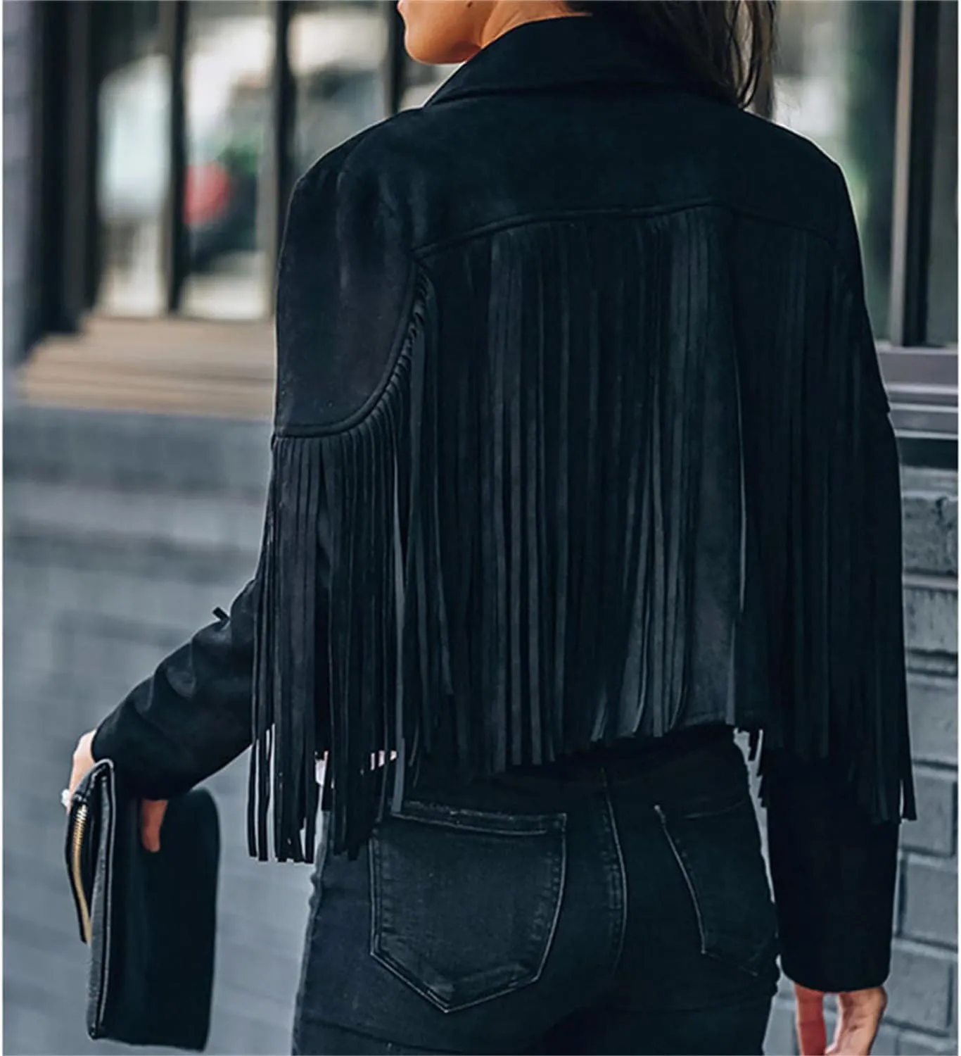 Women's Faux Suede Leather Tassel Coat Lapel Long Sleeve Motorcycle Cropped Coats Tight Jacket
