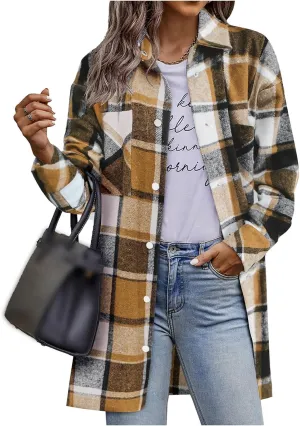 Womens Flannel Plaid Shacket 2024 Fall Winter Trendy Casual Button Down Tartan Trench Coat Boyfriend Long Jacket Coats