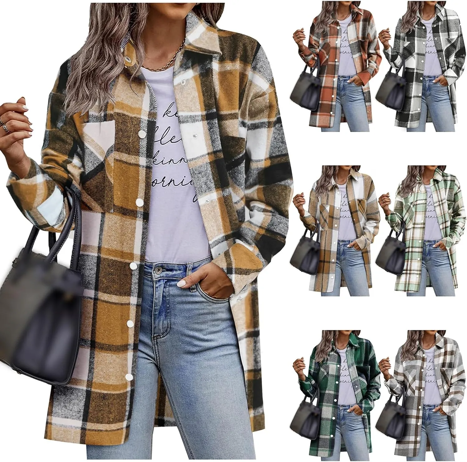 Womens Flannel Plaid Shacket 2024 Fall Winter Trendy Casual Button Down Tartan Trench Coat Boyfriend Long Jacket Coats