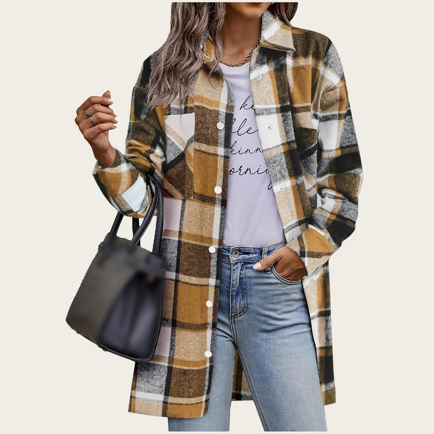 Womens Flannel Plaid Shacket 2024 Fall Winter Trendy Casual Button Down Tartan Trench Coat Boyfriend Long Jacket Coats