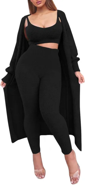 Women's Fleece 3 Pc Teddy Loungewear Spaghetti Strap Crop Tank Wide Long Pants Fuzzy Kimono Cozy Sweatsuit Set Light