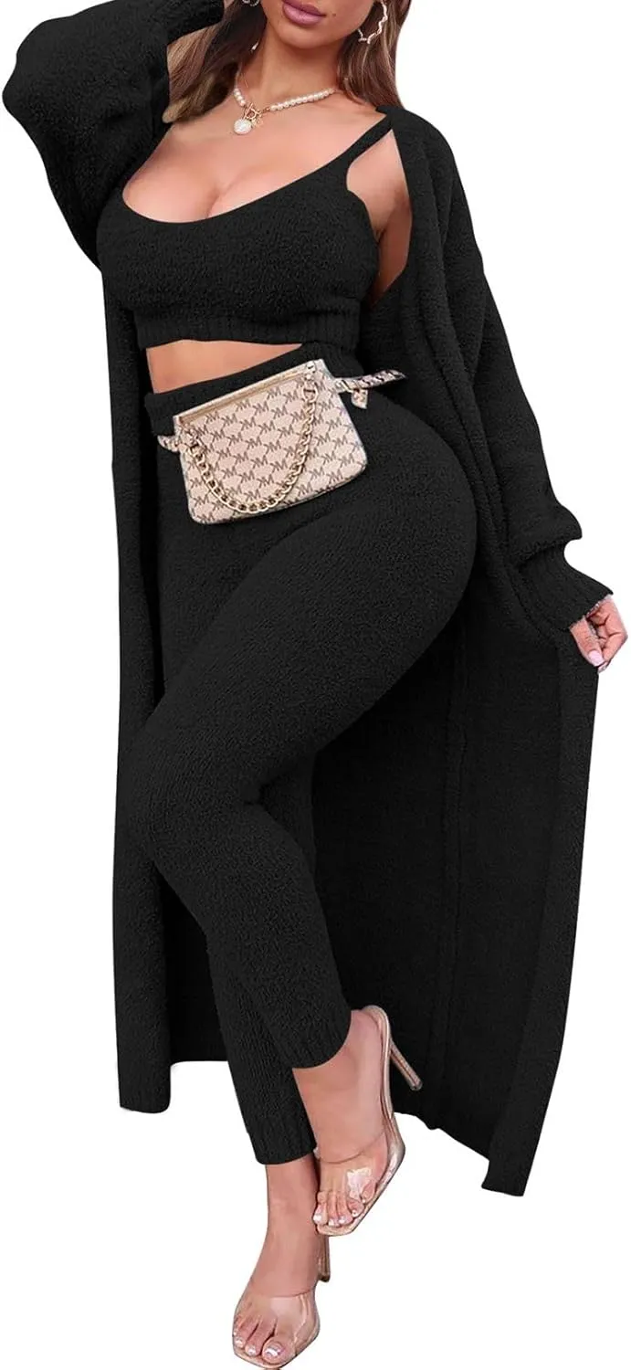 Women's Fleece 3 Pc Teddy Loungewear Spaghetti Strap Crop Tank Wide Long Pants Fuzzy Kimono Cozy Sweatsuit Set Light