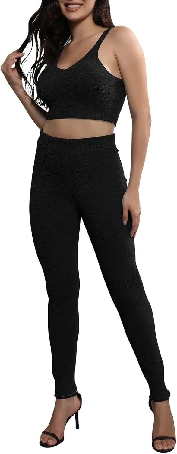 Women's Fleece 3 Pc Teddy Loungewear Spaghetti Strap Crop Tank Wide Long Pants Fuzzy Kimono Cozy Sweatsuit Set Light