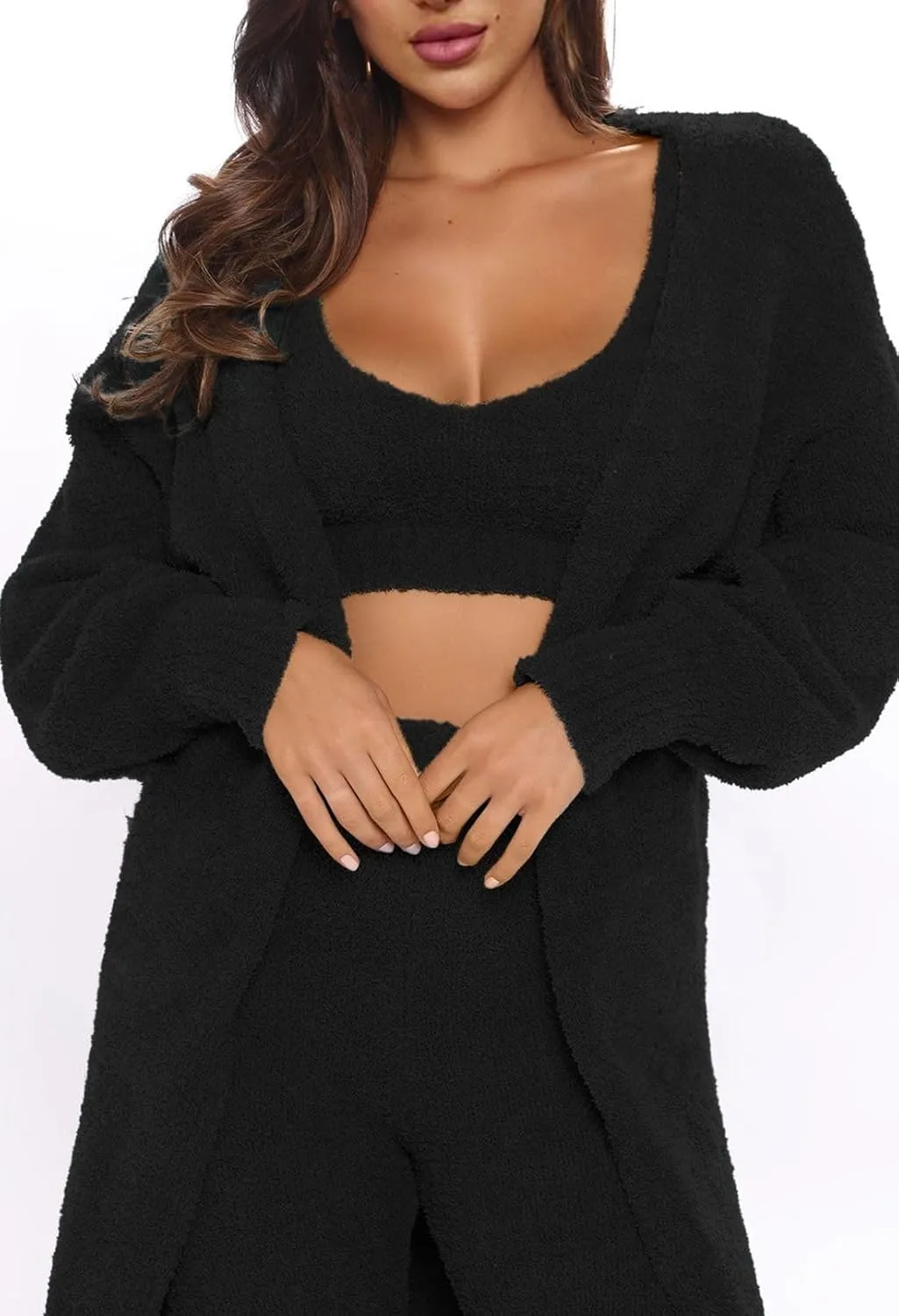 Women's Fleece 3 Pc Teddy Loungewear Spaghetti Strap Crop Tank Wide Long Pants Fuzzy Kimono Cozy Sweatsuit Set Light