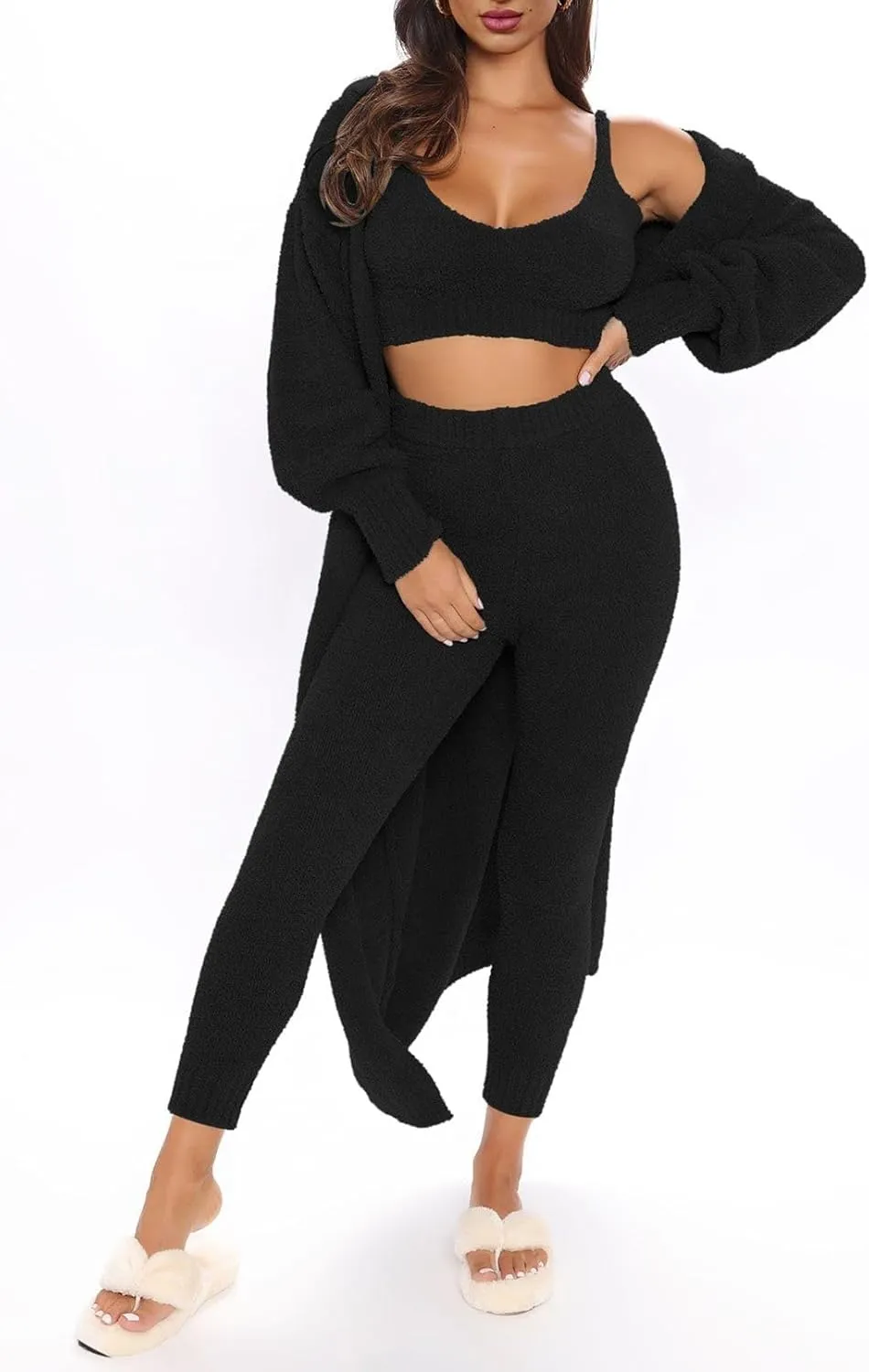 Women's Fleece 3 Pc Teddy Loungewear Spaghetti Strap Crop Tank Wide Long Pants Fuzzy Kimono Cozy Sweatsuit Set Light